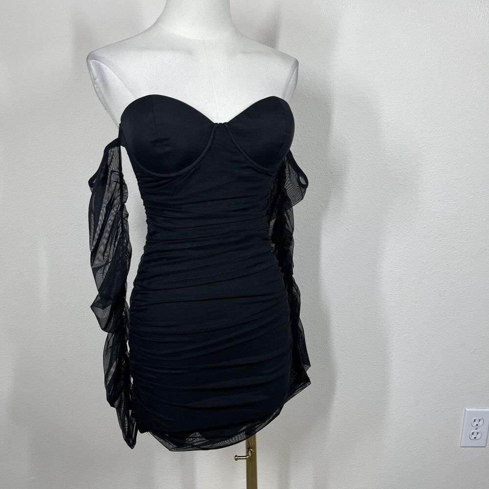 Oh Polly Dress Womens 6 Black Ruched Mesh Bodycon Mini Party Cocktail Clubwear